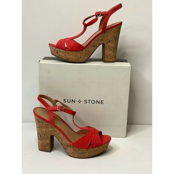 Sun + Stone Platform Dress‎ Cork Sandal 8.5 Coral Women's Adjustable Cushioned - Picture 2 of 9